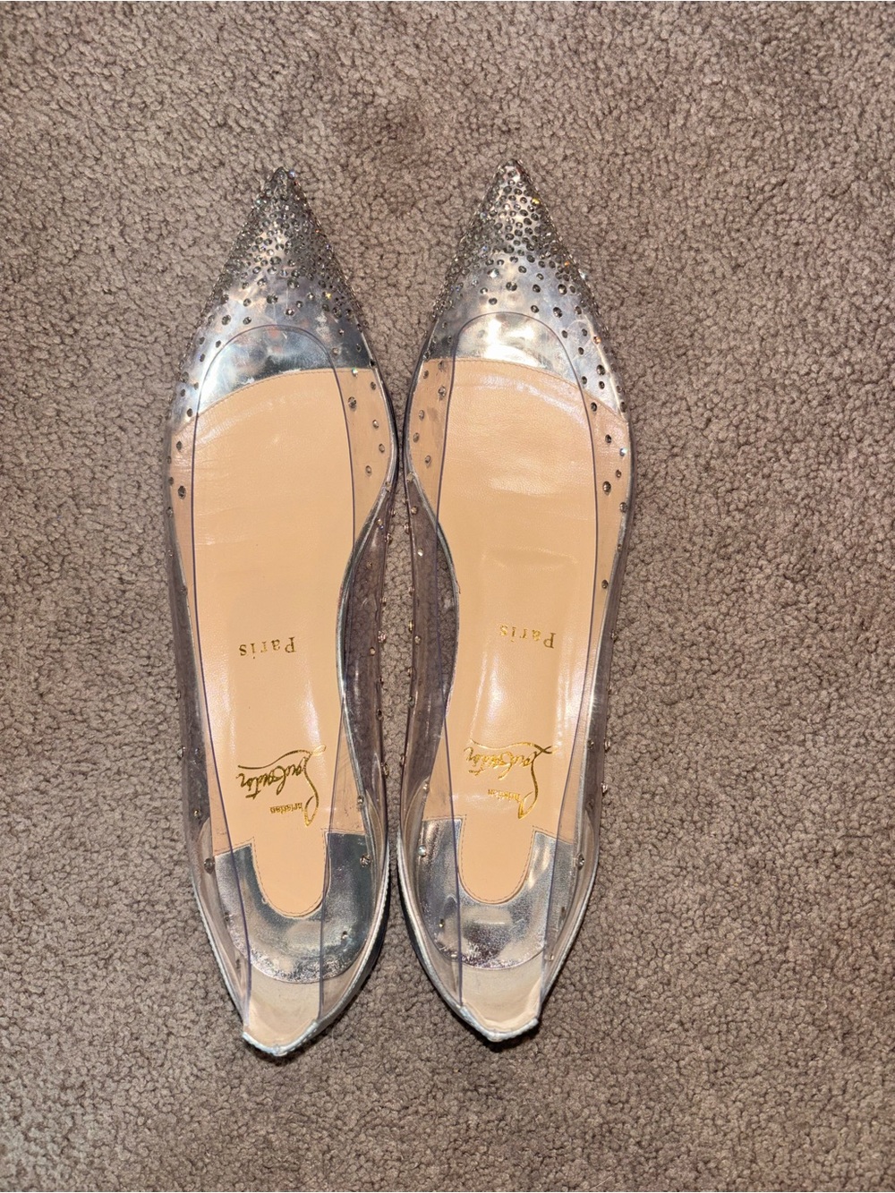Christian Louboutin Silver Crystal Pointed-Toe Flats with Clear Panels